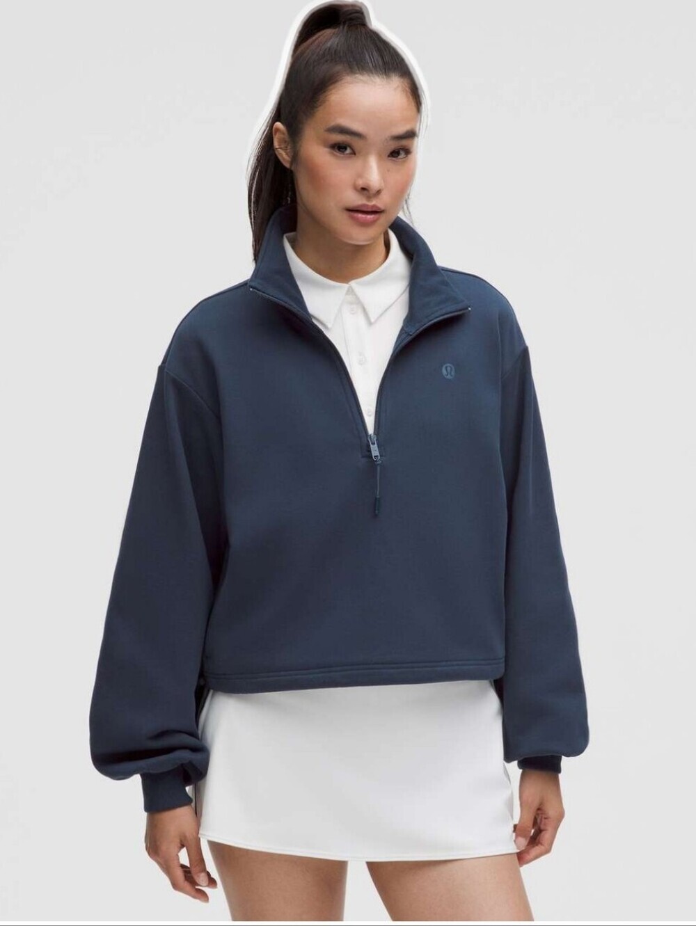 lululemon Terry Tennis  Navy Half-Zip Cropped Cowl Sweater, Size M - Picture 12 of 16